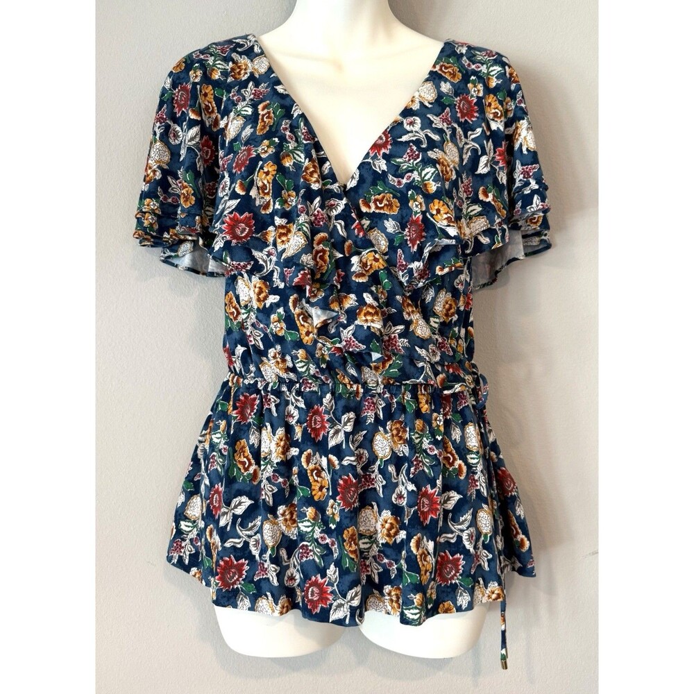 Lauren Ralph Lauren Black Label Peplum Blouse Sz L Blue Floral Wrap Ruffle